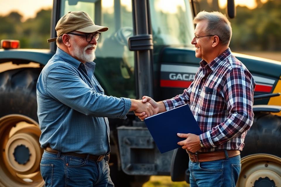 Aperto de mãos em uma propriedade rural, representando crédito e investimentos